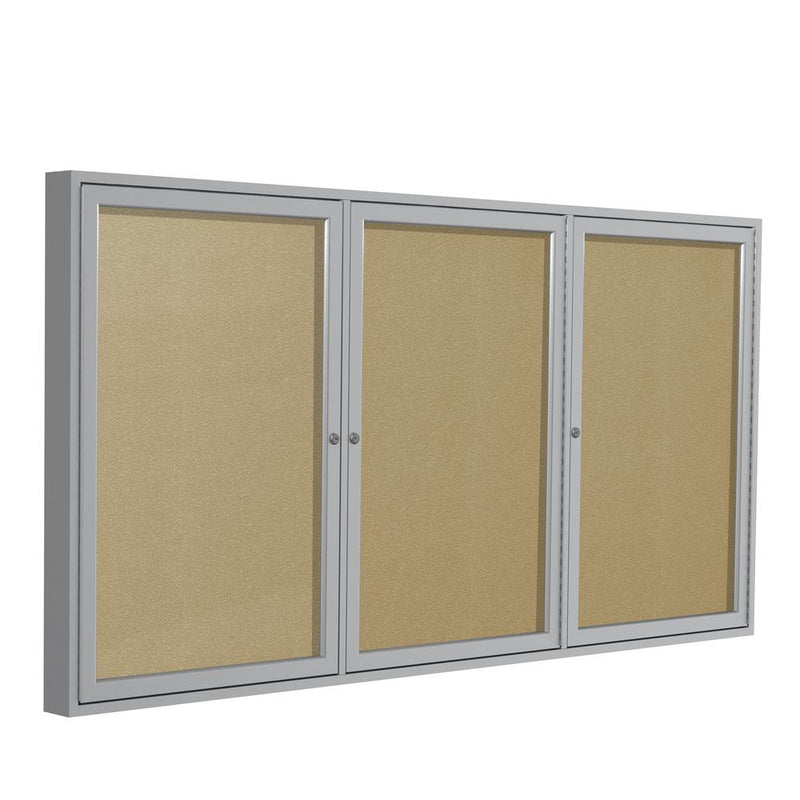 Ghent 3 Door Enclosed Vinyl Bulletin Board with Satin Frame, 3'H x 6'W, Caramel