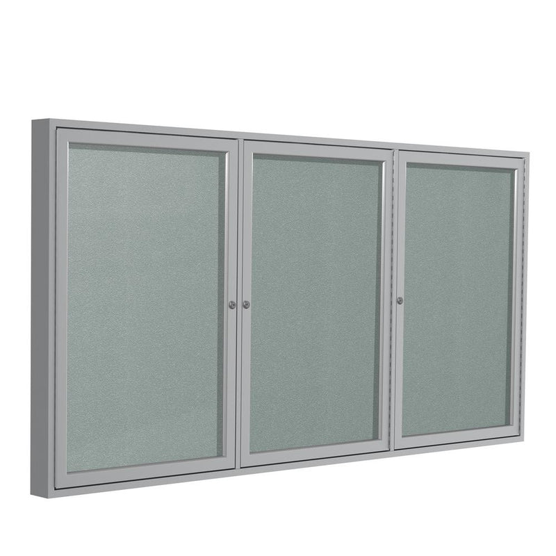 Ghent 3 Door Enclosed Vinyl Bulletin Board with Satin Frame, 3'H x 6'W, Silver