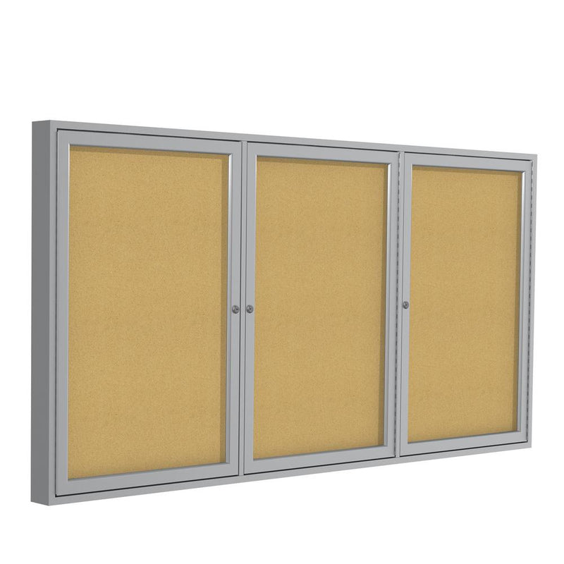 Ghent 3 Door Enclosed Natural Cork Bulletin Board with Satin Frame, 4'H x 8'W