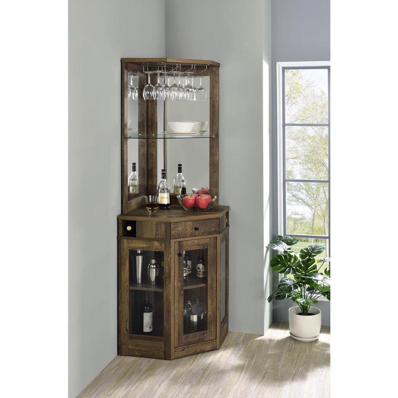 Alviso Corner Bar Cabinet with Stemware Rack Rustic Oak