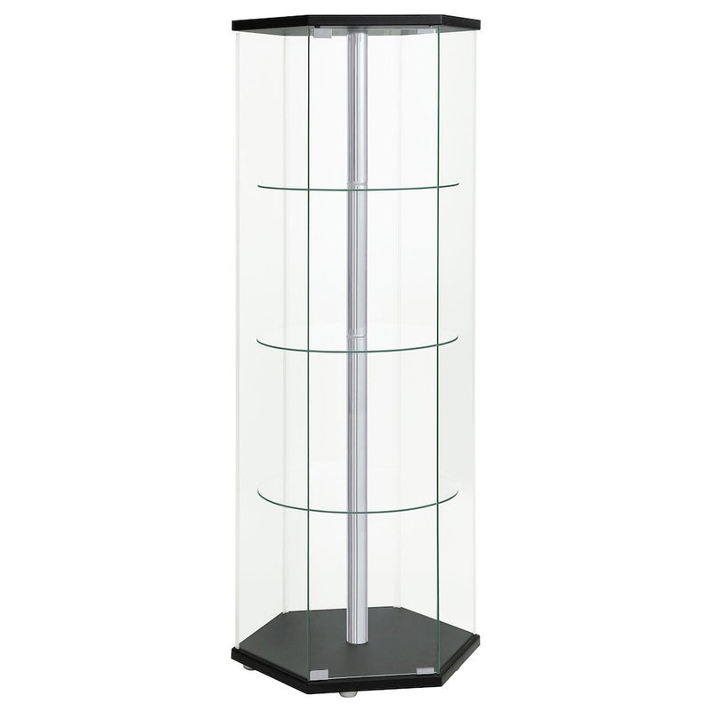 Zahavah 4-shelf Hexagonal Clear Glass Curio Cabinet Black