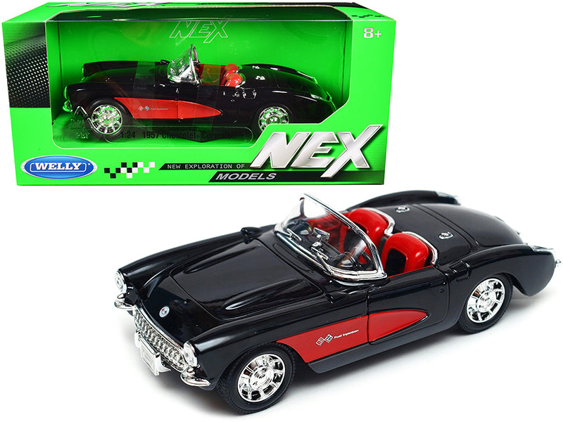 1957 Chevrolet Corvette Convertible Black and Red with Red Interior "NEX Models" 1/24 Diecast Model Car by Welly