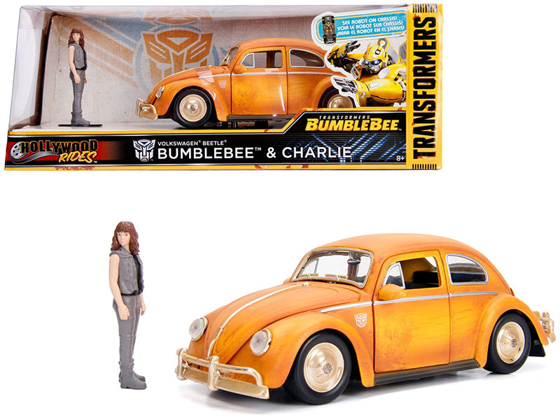 Volkswagen Beetle Weathered Yellow with Robot on Chassis and Charlie Diecast Figurine Bumblebee (2018) Movie (Transformers Series) Hollywood Rides Series 1/24 Diecast Model Car by Jada