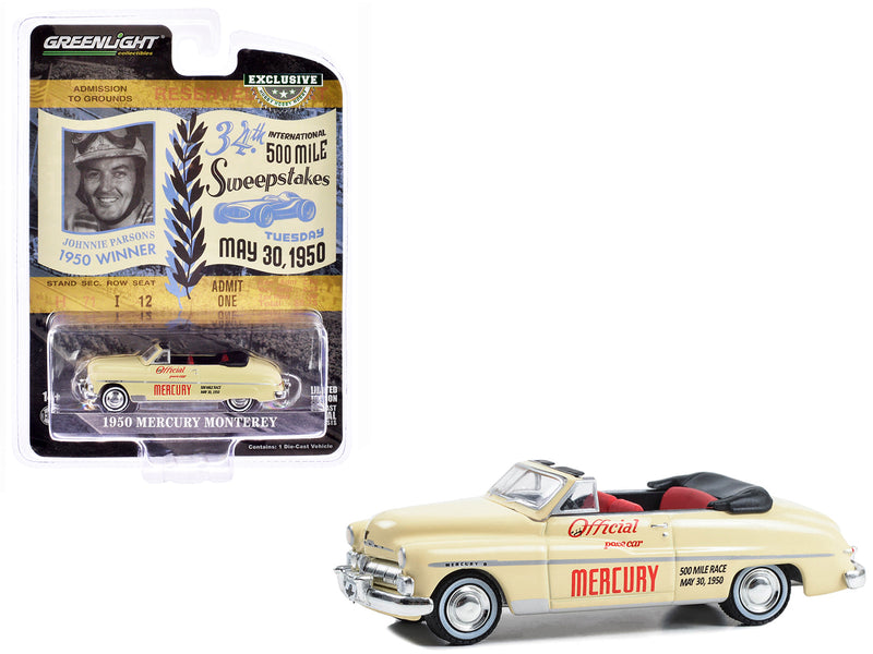 1950 Mercury Monterey Convertible Cream Official Pace Car 34th International 500 Mile Sweepstakes Hobby Exclusive Series 1/64 Diecast Model Car by Greenlight