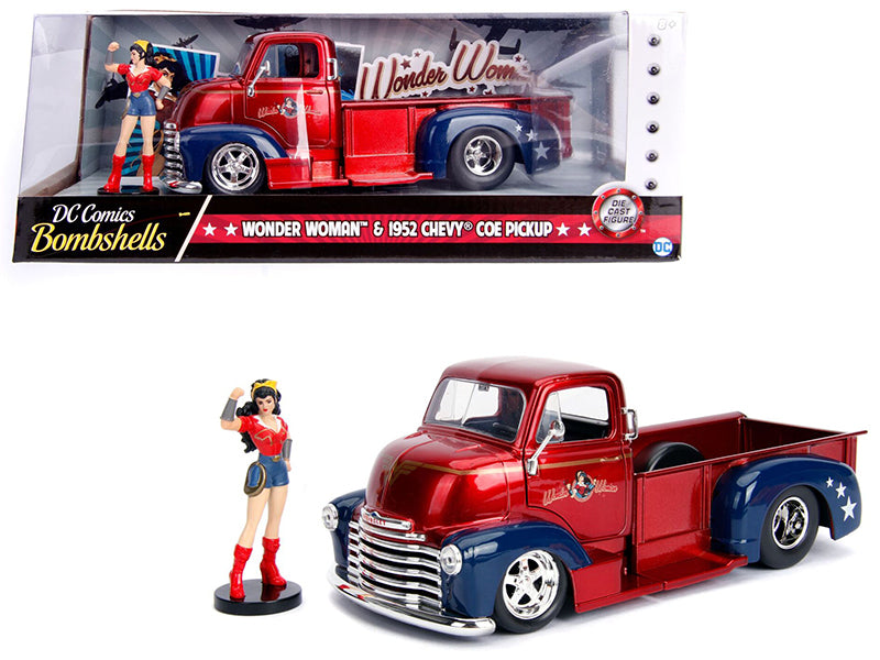 1952 Chevrolet COE Pickup Truck Candy Red and Blue with Wonder Woman Diecast Figure DC Comics Bombshells Series Hollywood Rides 1/24 Diecast Model Car by Jada