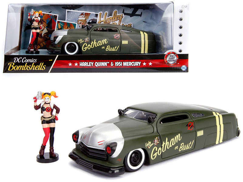 1951 Mercury Matt Green with Harley Quinn Diecast Figurine DC Comics Bombshells Series 1/24 Diecast Model Car by Jada