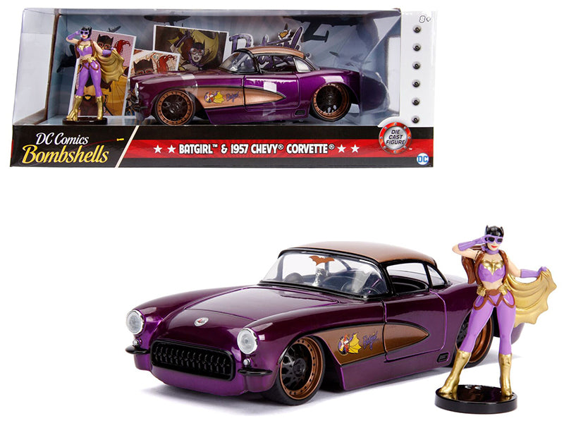 1957 Chevrolet Corvette Purple with Batgirl Diecast Figurine DC Comics Bombshells Series 1/24 Diecast Model Car by Jada