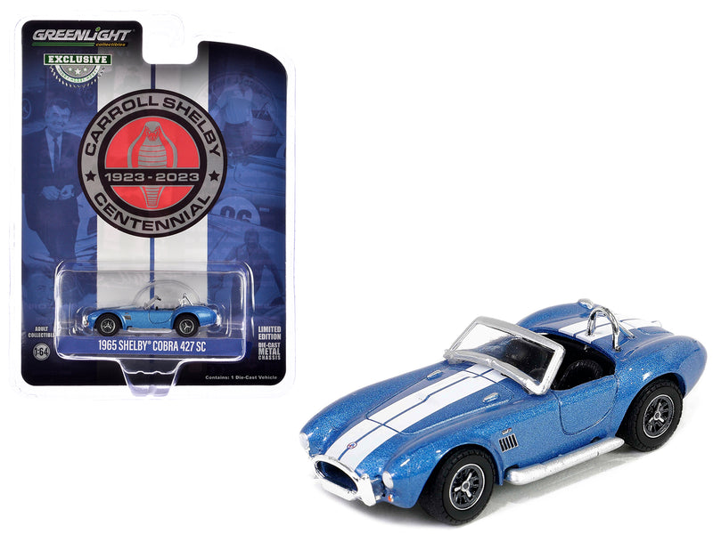 1965 Shelby Cobra 427 SC Guardsman Blue Metallic with White Stripes Carroll Shelby Centennial Hobby Exclusive Series 1/64 Diecast Model Car by Greenlight