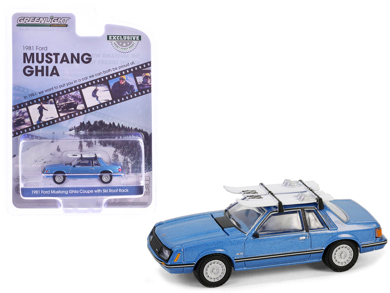 1981 Ford Mustang Ghia Coupe Blue Glow Metallic with Ski Roof Rack "Hobby Exclusive" Series 1/64 Diecast Model Car by Greenlight