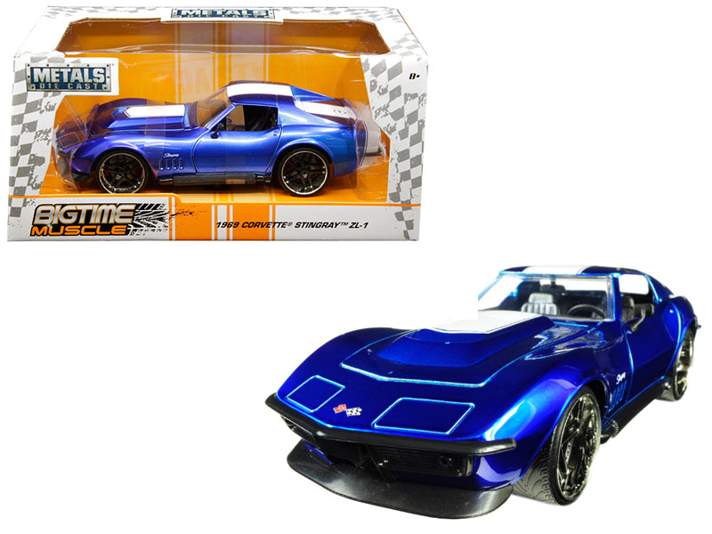 1969 Chevrolet Corvette Stingray ZL-21 Blue with White Stripe Bigtime Muscle 1/24 Diecast Model Car by Jada