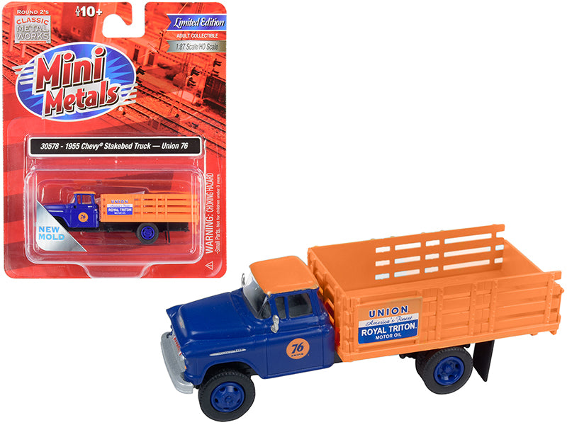 1955 Chevrolet Stakebed Truck Union 76 Blue and Orange 1/87 (HO) Scale Model by Classic Metal Works