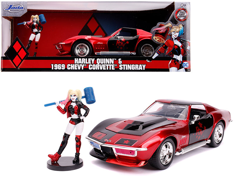 1969 Chevrolet Corvette Stingray with Harley Quinn Diecast Figurine DC Comics Series 1/24 Diecast Model Car by Jada