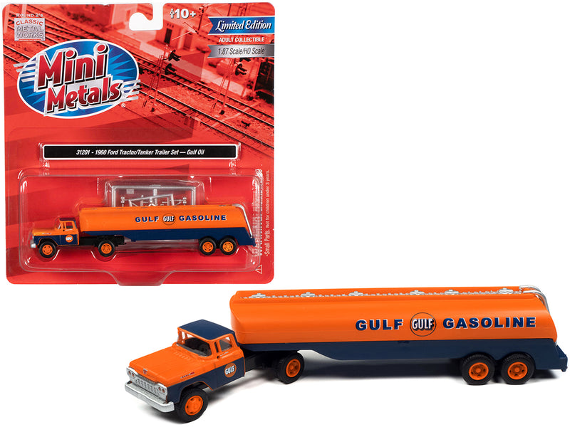 1960 Ford Tanker Truck Orange and Blue Gulf Oil 1/87 (HO) Scale Model by Classic Metal Works