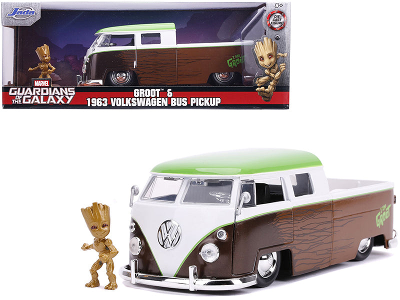 1963 Volkswagen Bus Pickup Truck with Groot Diecast Figurine Guardians of the Galaxy Marvel Series 1/24 Diecast Model Car by Jada