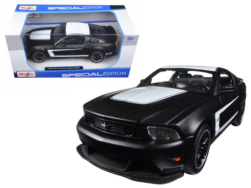 2012 Ford Mustang Boss 302 Matt Black and White 1/24 Diecast Model Car by Maisto