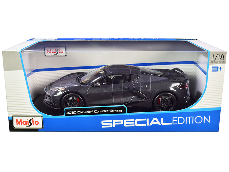 2020 Chevrolet Corvette Stingray C8 Dark Gray Metallic with Racing Stripes 1/18 Diecast Model Car by Maisto