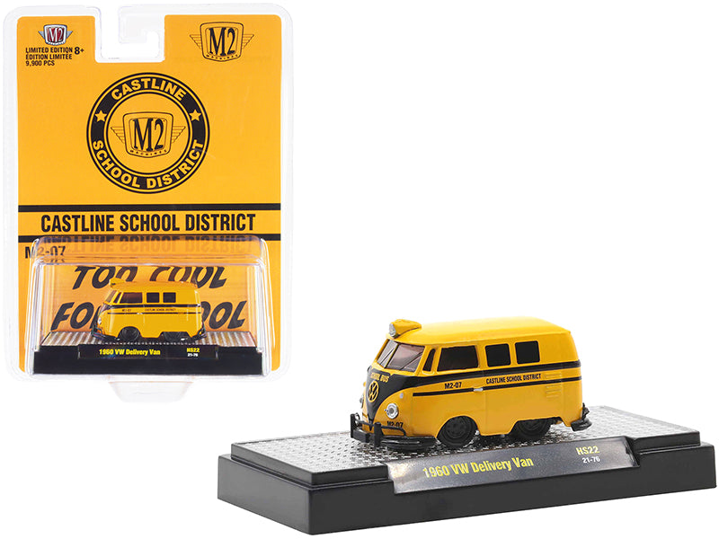 1960 Volkswagen Delivery Van School Bus Yellow with Black Stripes Castline School District Limited Edition to 9900 pieces Worldwide 1/64 Diecast Model Car by M2 Machines