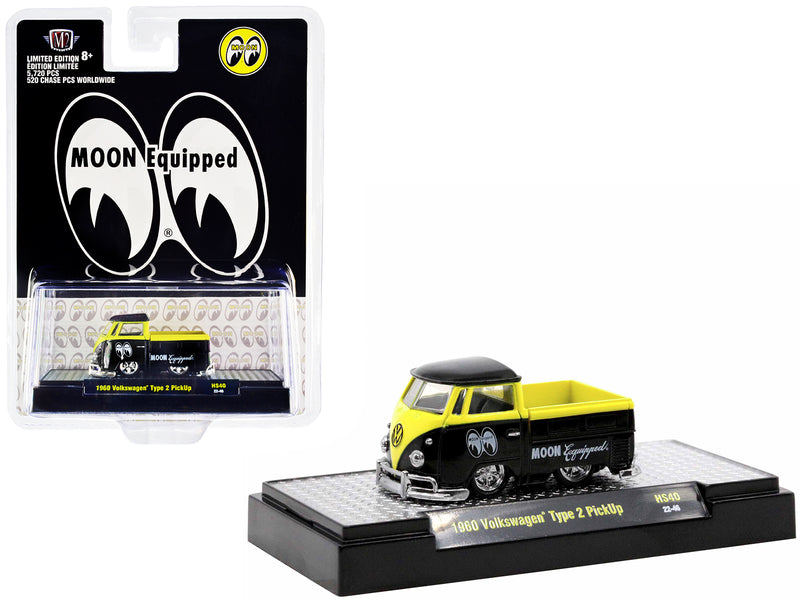 1960 Volkswagen Type 2 Pickup Truck Black and Bright Yellow Mooneyes: Moon Equipped Limited Edition to 5720 pieces Worldwide 1/64 Diecast Model Car by M2 Machine