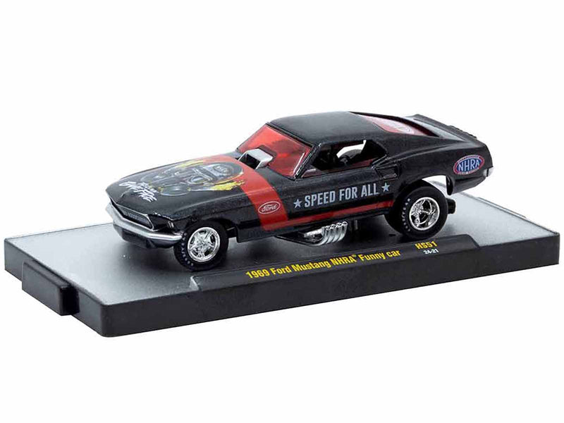 1969 Ford Mustang NHRA Funny Car Black Metallic with Red Stripes and Graphics Limited Edition to 3762 pieces Worldwide 1/64 Diecast Model Car by M2 Machines