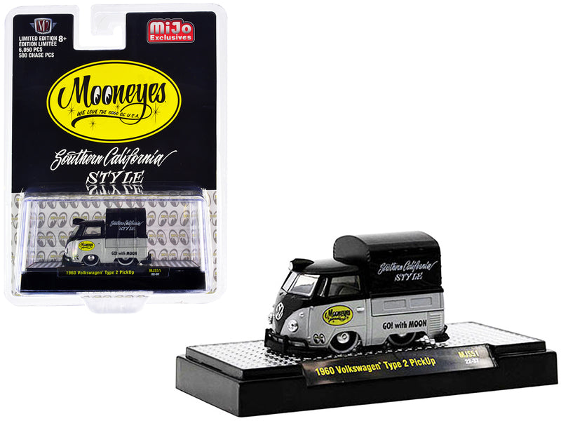 1960 Volkswagen Type 2 Pickup Truck with Canvas Cover Mooneyes Southern California Style Black and Gray Limited Edition to 6050 pieces Worldwide 1/64 Diecast Model Car by M2 Machines