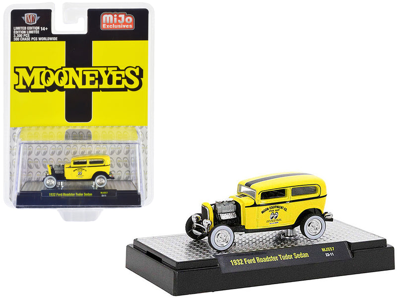 1932 Ford Roadster Tudor Sedan Yellow with Black Stripes Mooneyes Limited Edition to 3300 pieces Worldwide 1/64 Diecast Model Car by M2 Machines