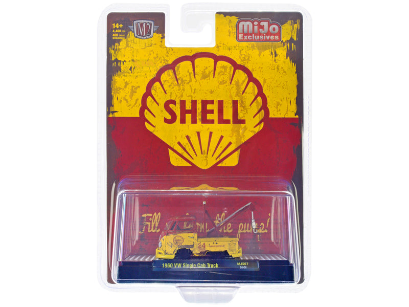 1960 Volkswagen Single Cab Tow Truck Yellow and Red (Weathered) Shell Oil Limited Edition to 4400 pieces Worldwide 1/64 Diecast Model by M2 Machines