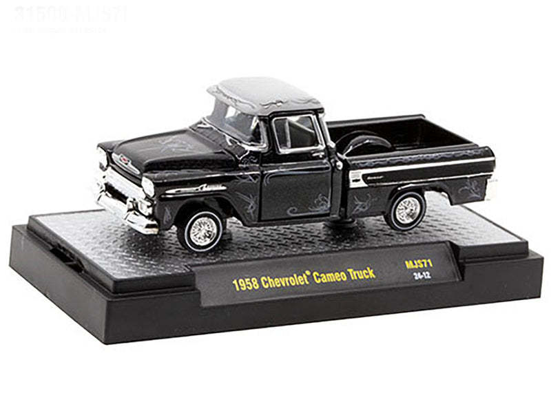 1958 Chevrolet Cameo Pickup Truck Black Metallic with Graphics and Gray Top Lowriders Limited Edition to 5500 pieces Worldwide 1/64 Diecast Model Car by M2 Machines