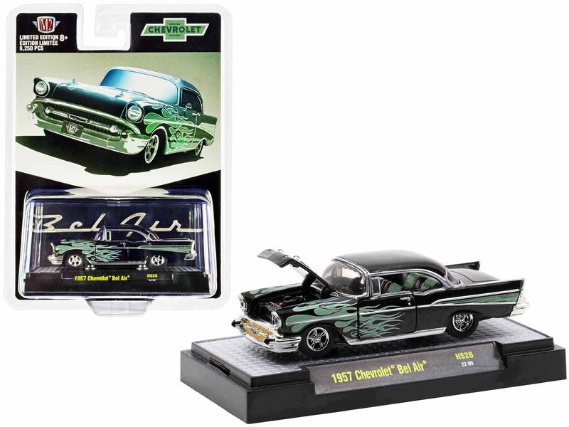 1957 Chevrolet Bel Air Black Metallic with Green Flames Limited Edition to 8250 pieces Worldwide 1/64 Diecast Model Car by M2 Machines