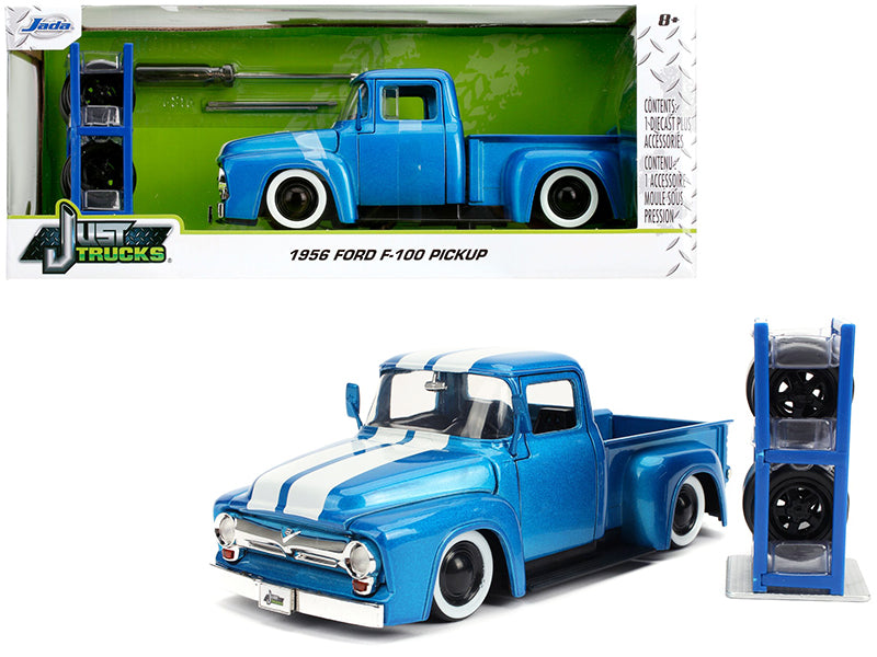 1956 Ford F-100 Pickup Truck Blue Metallic with White Stripes and Extra Wheels Just Trucks Series 1/24 Diecast Model Car by Jada