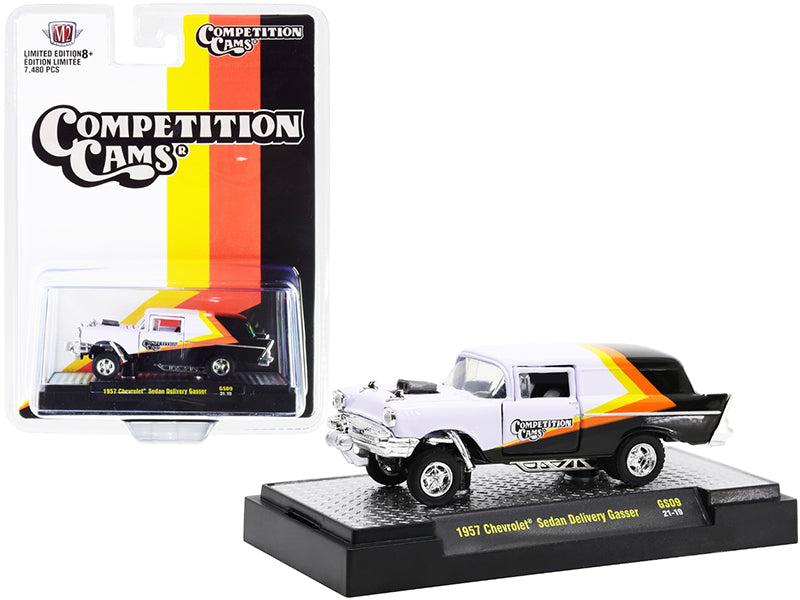 1957 Chevrolet Sedan Delivery Gasser Competition Cams White and Black with Yellow and Orange Stripes Limited Edition to 7480 pieces Worldwide 1/64 Diecast Model Car by M2 Machines