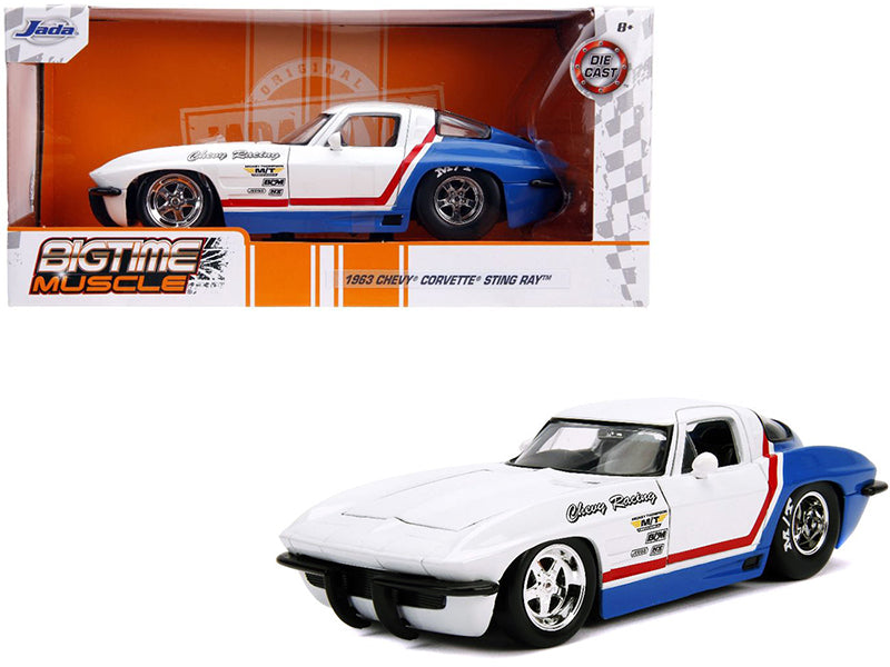 1963 Chevrolet Corvette Stingray White and Blue with Red Stripe Chevy Racing Bigtime Muscle 1/24 Diecast Model Car by Jada