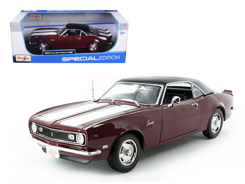 1968 Chevrolet Camaro Z/28 Coupe Maroon with Black Top and White Stripes 1/18 Diecast Model Car by Maisto