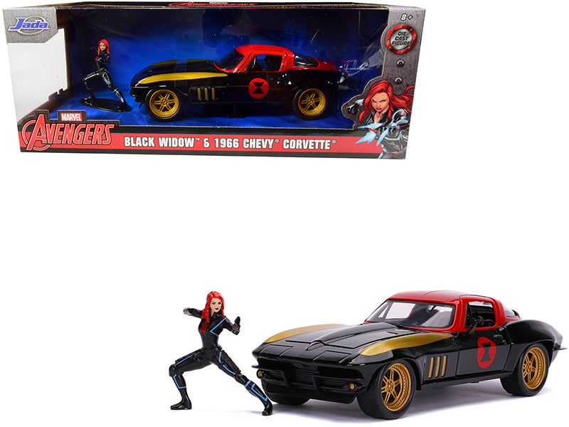 1966 Chevrolet Corvette with Black Widow Diecast Figurine Avengers Marvel Series 1/24 Diecast Model Car by Jada