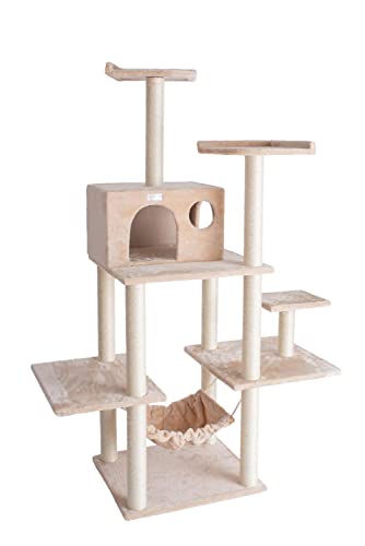 GleePet GP78680621 68-Inch Real Wood Cat Tree In Beige With Five Levels, Hammock, Condo