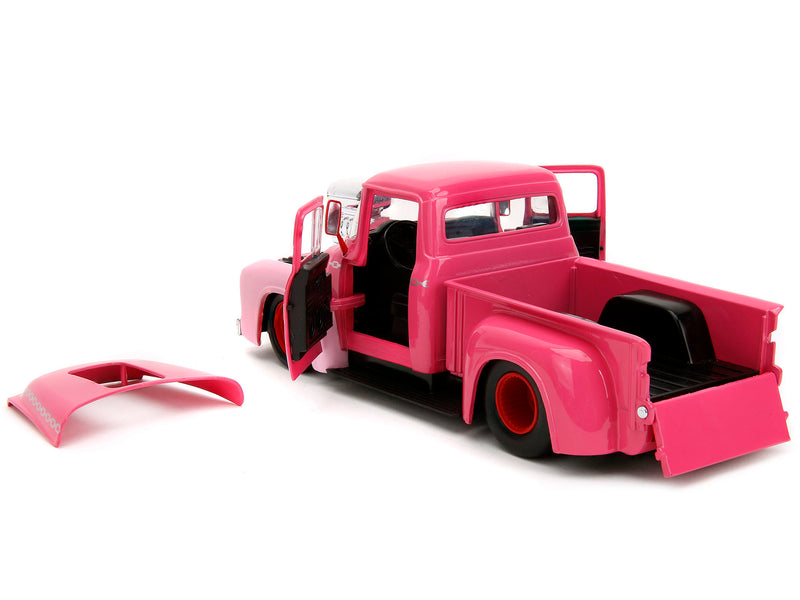 1956 Ford F-100 Pickup Truck Pink with Graphics and Franken Berry Diecast Figure Franken Berry Hollywood Rides Series 1/24 Diecast Model Car by Jada