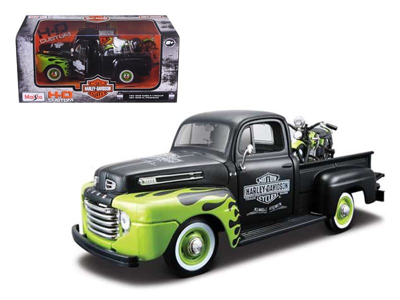 1948 Ford F-1 Pickup Truck Harley Davidson with 1948 Harley Davidson FL Panhead Motorcycle Black and Green 1/24 Diecast Models by Maisto