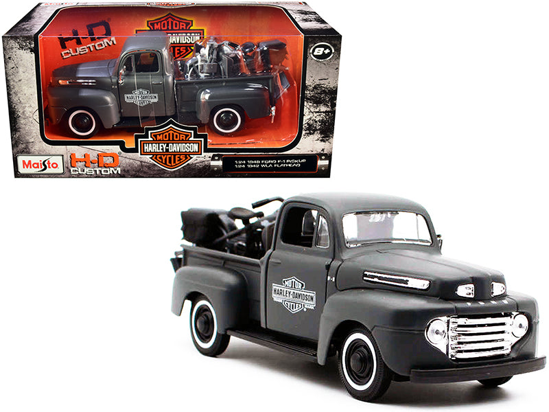 1948 Ford F-1 Pickup Truck and 1942 Harley-Davidson WLA Flathead Motorcycle Matt Dark Gray Harley-Davidson Custom 1/24 Diecast Models by Maisto