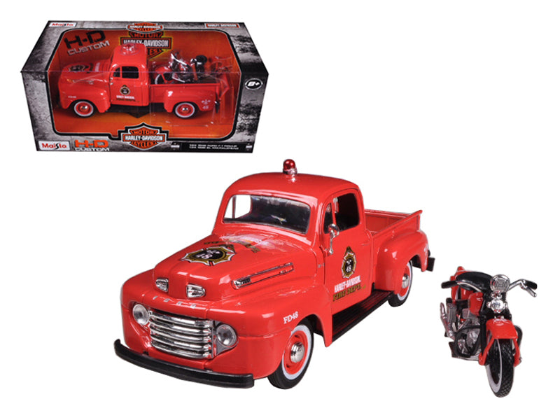 1948 Ford F-1 Pickup Truck Harley Davidson Fire Truck and 1936 El Knucklehead Motorcycle 1/24 Diecast Models by Maisto