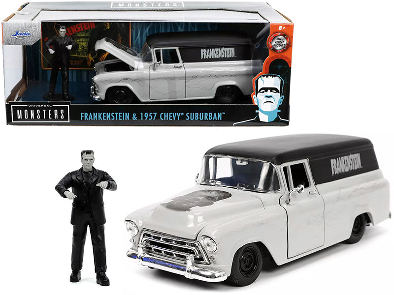 1957 Chevrolet Suburban Gray and Black with Graphics and Frankenstein Diecast Figurine Universal Monsters Hollywood Rides Series 1/24 Diecast Model Car by Jada