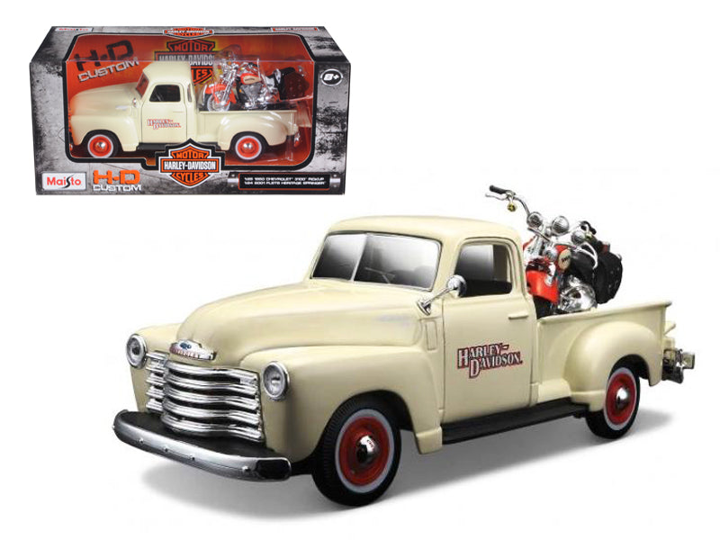 1950 Chevrolet 3100 Pickup Truck Cream 1/25 and 2001 FLSTS Heritage Springer Motorcycle Orange 1/24 Harley-Davidson Custom Series Diecast Models by Maisto