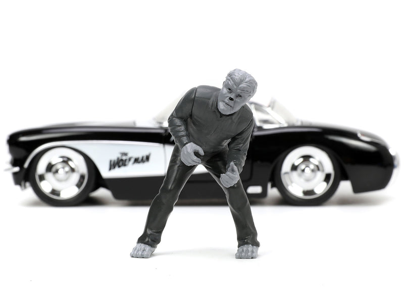 1957 Chevrolet Corvette Black with White Top and Wolfman Diecast Figure Universal Monsters Hollywood Rides Series 1/24 Diecast Model Car by Jada