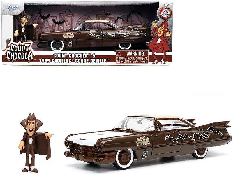 1959 Cadillac Coupe DeVille Brown and White with Graphics and Count Chocula Diecast Figurine Hollywood Rides Series 1/24 Diecast Model Car by Jada