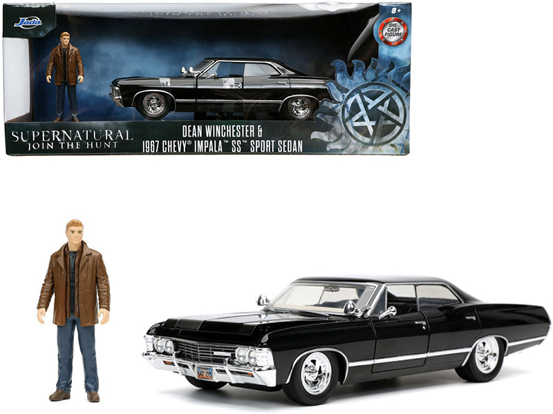 1967 Chevrolet Impala SS Sport Sedan Black and Dean Winchester Diecast Figurine Supernatural (2005-2020) TV Series Hollywood Rides Series 1/24 Diecast Model Car by Jada