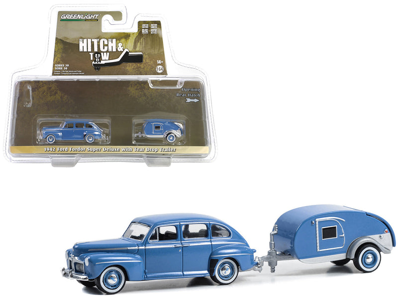 1942 Ford Fordor Super Deluxe Florentine Blue with Tear Drop Trailer Hitch & Tow Series 30 1/64 Diecast Model Car by Greenlight