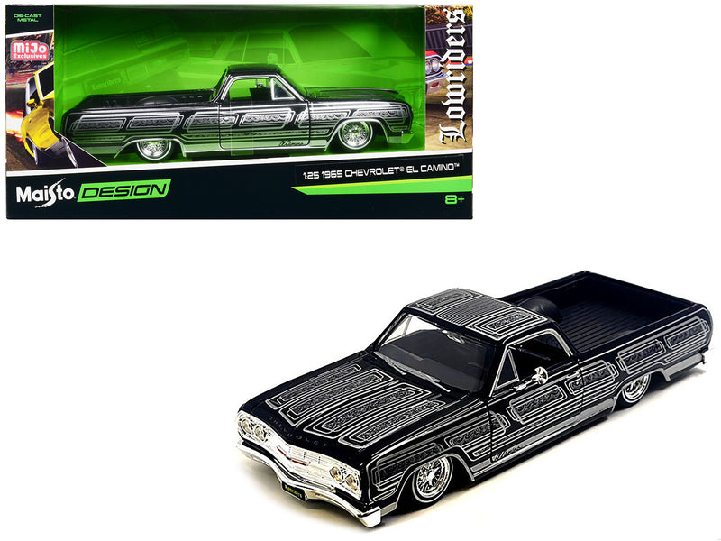 1965 Chevrolet El Camino Lowrider Black Metallic with Silver Graphics "Lowriders" Series 1/25 Diecast Model Car by Maisto