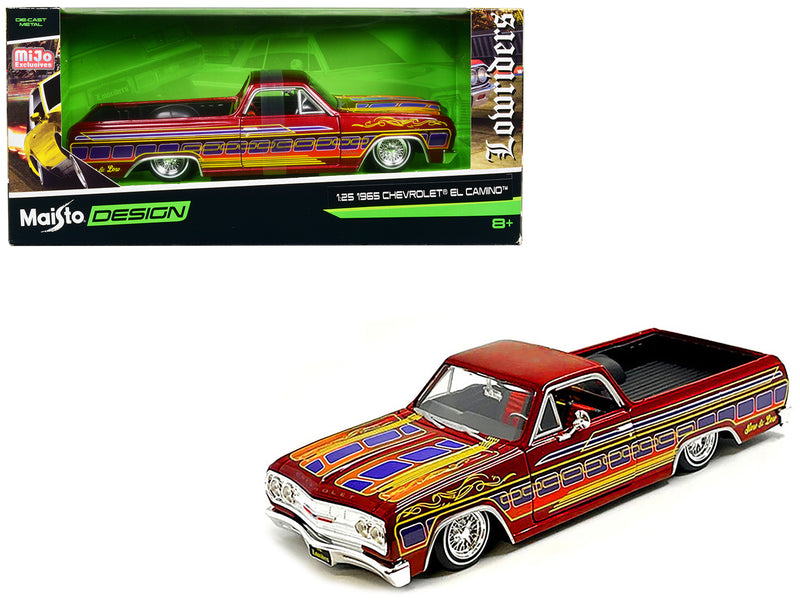 1965 Chevrolet El Camino Lowrider Candy Red Metallic with Graphics Lowriders Series 1/25 Diecast Model Car by Maisto