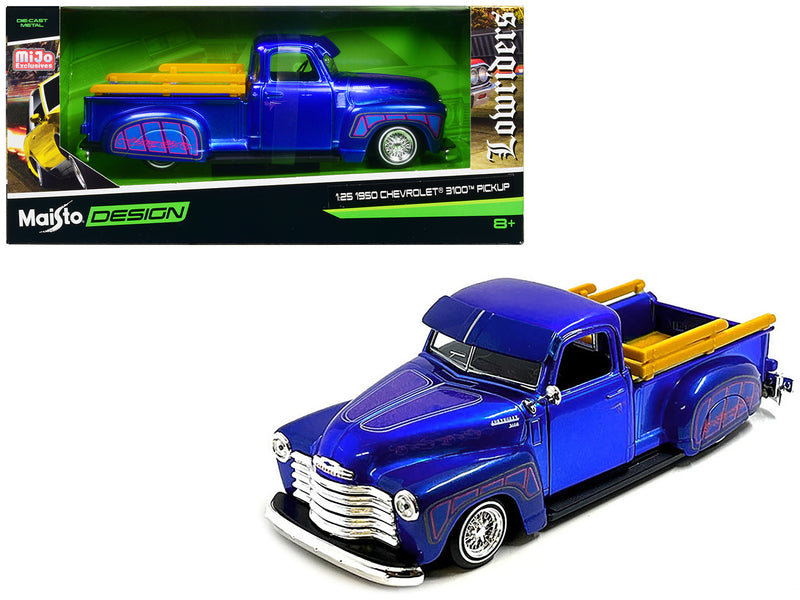 1950 Chevrolet 3100 Pickup Truck Lowrider Candy Blue with Graphics Lowriders Series 1/25 Diecast Model Car by Maisto