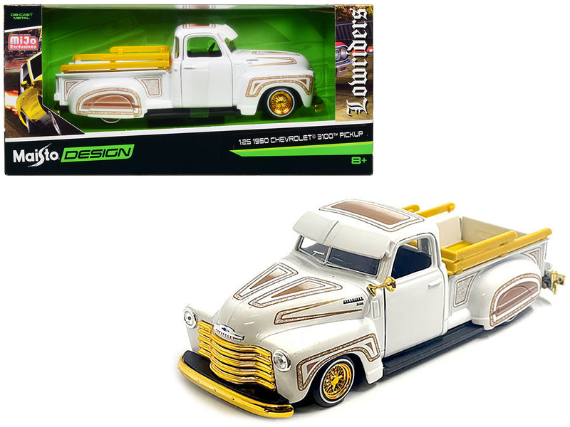 1950 Chevrolet 3100 Pickup Truck Lowrider White with Graphics and Gold Wheels Lowriders Series 1/25 Diecast Model Car by Maisto