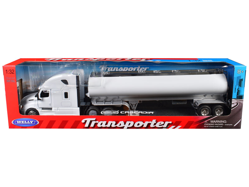 Freightliner Cascadia Truck White with White Tanker Trailer "Transporter" Series 1/32 Diecast Model by Welly