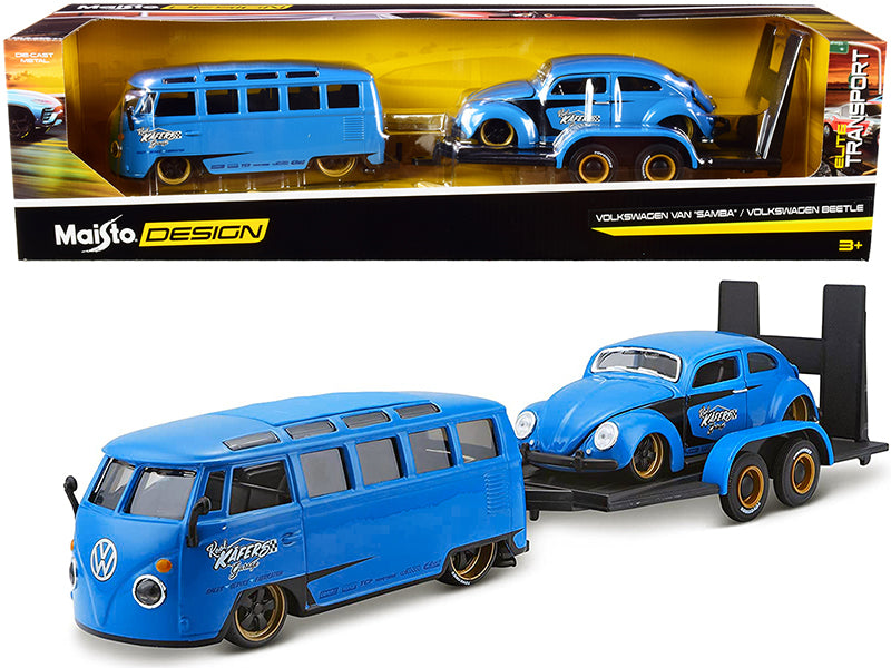 Volkswagen Van Samba with Volkswagen Beetle and Flatbed Trailer Blue Kool Kafers Set of 3 pieces Elite Transport Series 1/24 Diecast Model Cars by Maisto